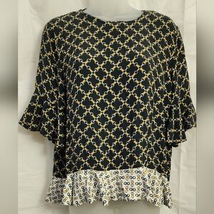 Zara Women's Black Gold Chain Link High Low Peplum Ruffle Top SIZE SMALL, light!